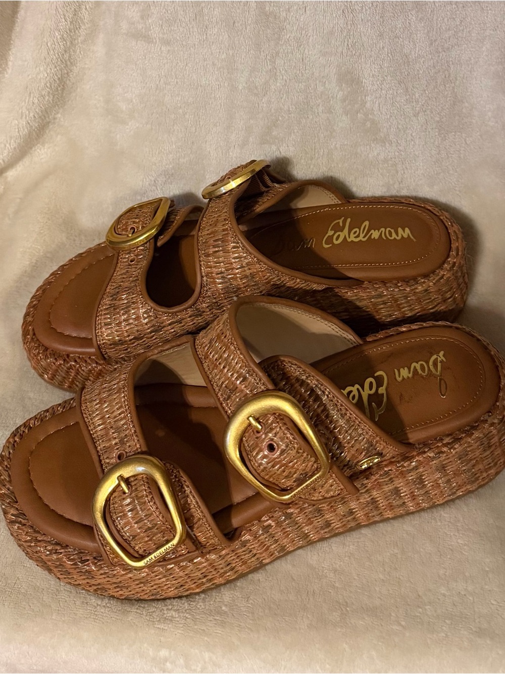 Sam Edelman Brown Woven Slide Sandals with Gold Accent